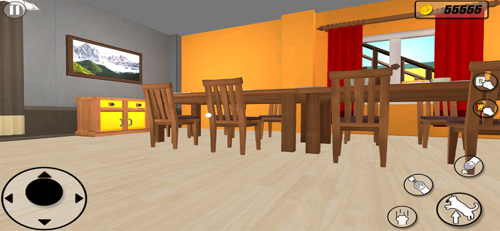 I Am Cat and Granny Simulator - First person cat perspective of a dining room with a wooden table and chairs in I Am Cat and Granny Simulator