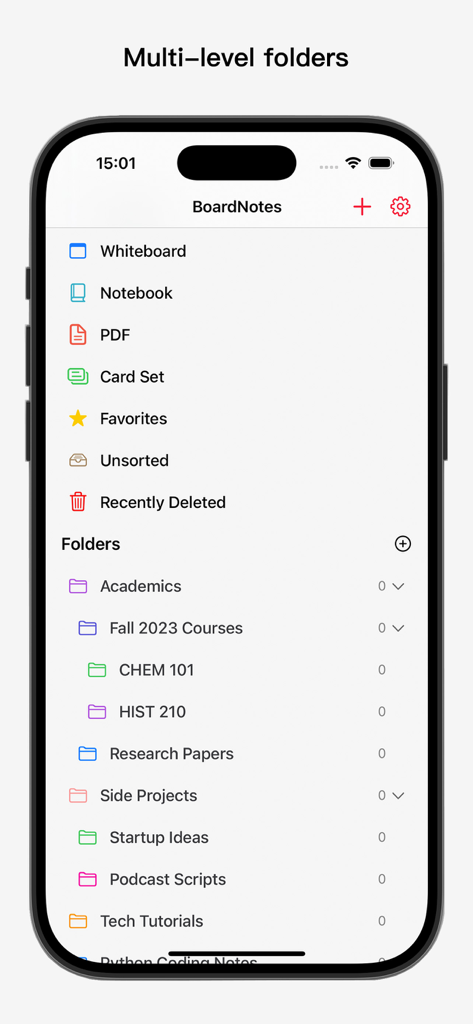 BoardNotes: Notes&PDF&Mindmap - BoardNotes mobile app screen showing a list of organized folders and note categories