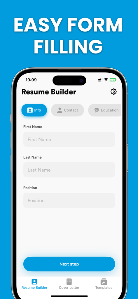 Resume Builder - Rezuma - iPhone screenshot of the Rezuma app showing the easy form filling interface for personal resume details