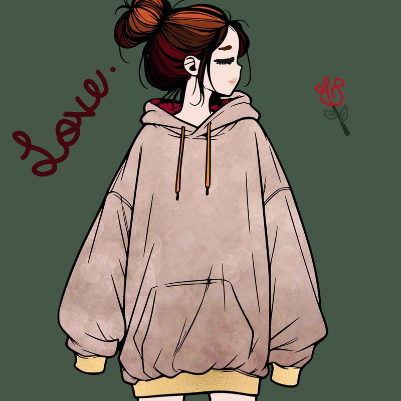 realistic girl with a oversized sweatshirt on and a bun