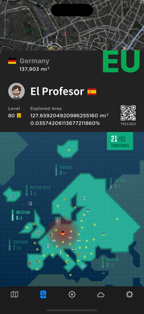 User profile in Fog of World showing level 80 and a map of Europe highlighting explored territories.