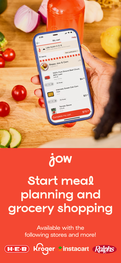 Una persona usando la aplicación Jow en un smartphone para planificar comidas y comprar comestibles en HEB
