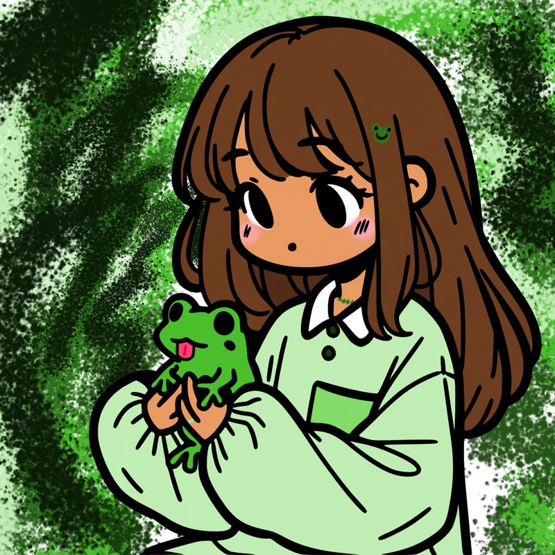 girl with long hair and a oversized shirt. and she is holding a frog