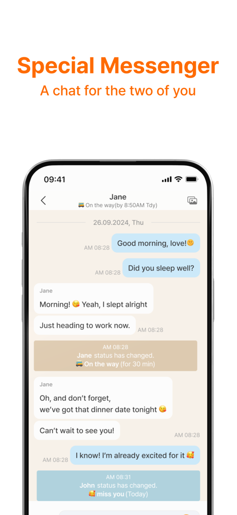 Signaling: Calendar for Couple - Interface de mensagem privada para casais mostrando um chat de texto e atualizações de status em tempo real.