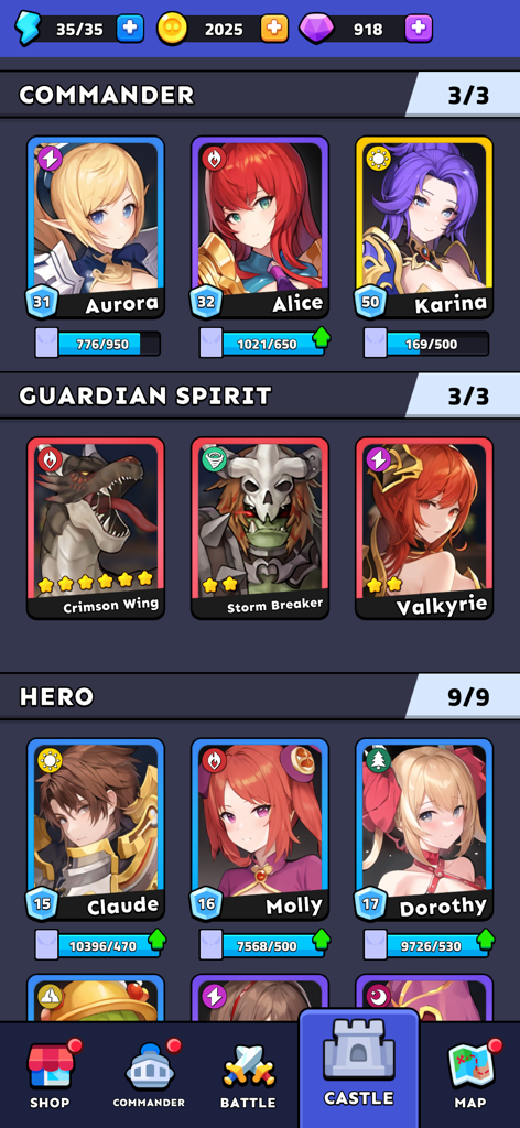 Kings Defender: Tower Defense - A character management screen from Kings Defender showing sections for Commanders, Guardian Spirits, and Heroes with various anime-style character cards.