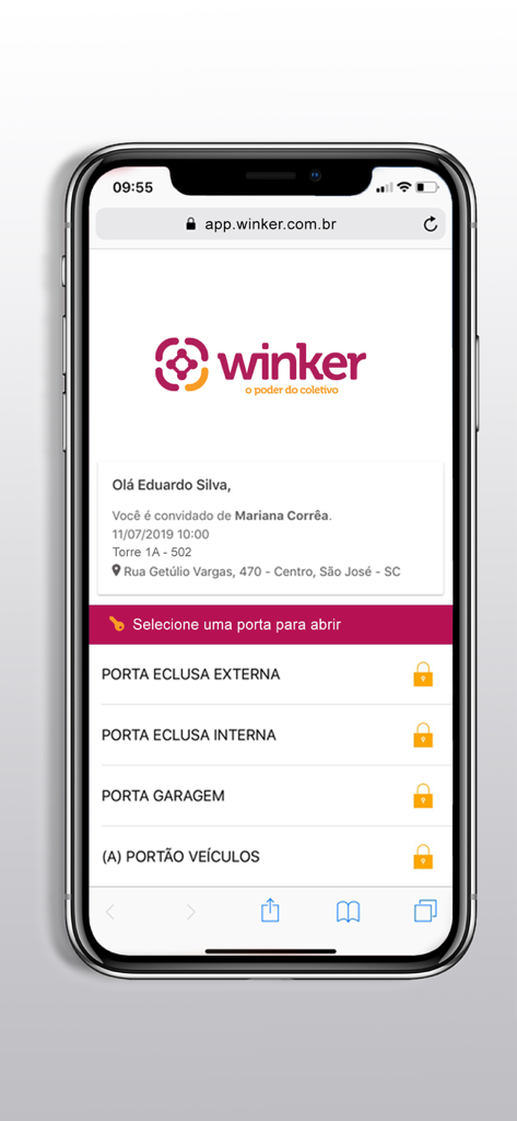 Winker mobile app interface for remote visitor access control and door unlocking.