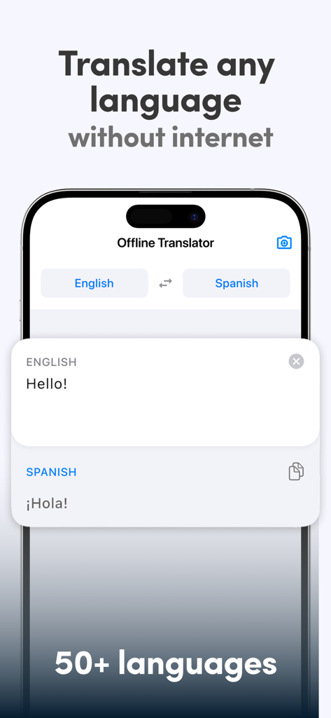 Offline Translator - OT Pro - Offline Translator app interface showing English to Spanish translation of the word Hello