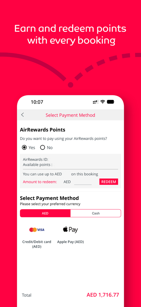 Écran de sélection du mode de paiement de l'application Air Arabia avec des options pour les points AirRewards et Apple Pay.