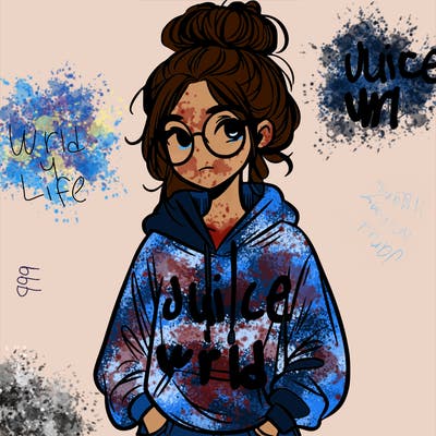 teen girl with a messy bun and glasses wearing a loose hoodie and jeans
