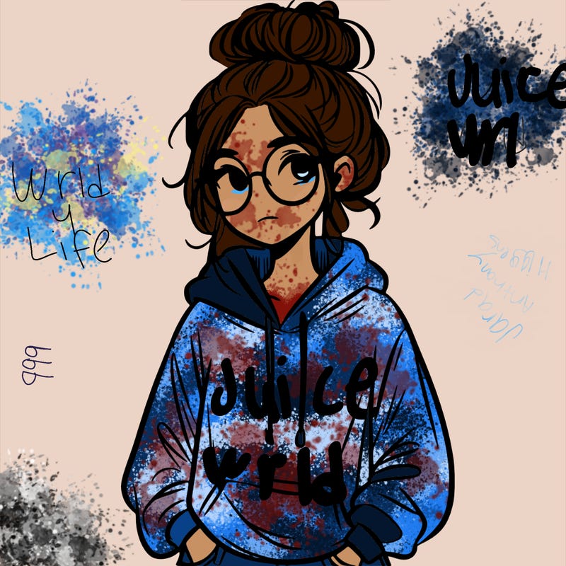teen girl with a messy bun and glasses wearing a loose hoodie and jeans