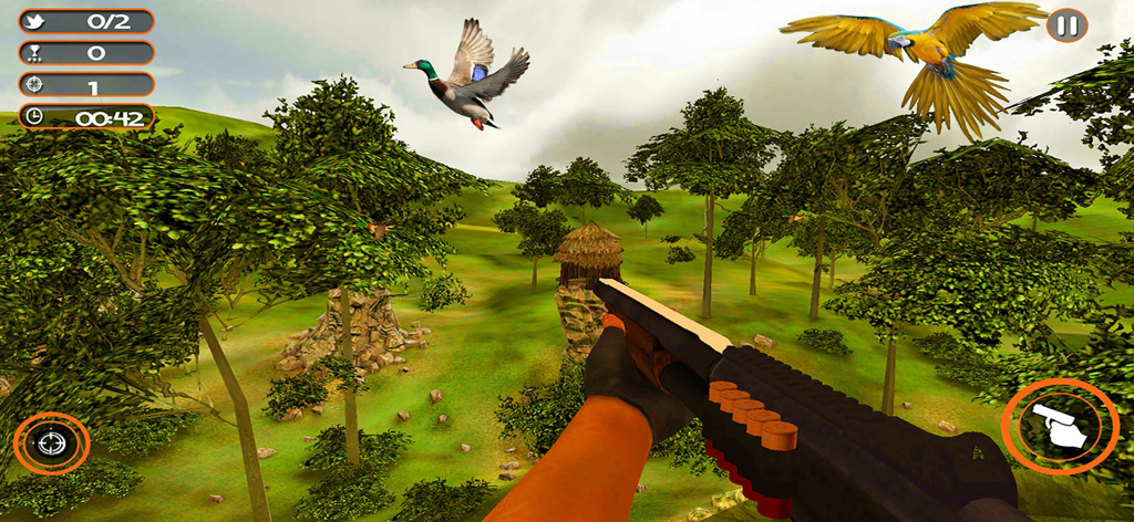 Sniper Birds Hunting 3D - Vista en primera persona de un cazador apuntando con una escopeta a un pato y un loro volando en un entorno de bosque 3D