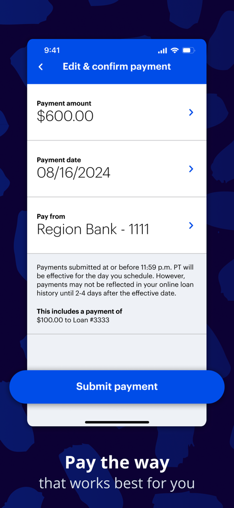 Sallie Mae - Sallie Mae app interface showing the edit and confirm payment screen for a student loan