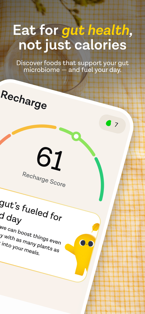 ZOE Health app displaying a recharge score for gut health and nutrition