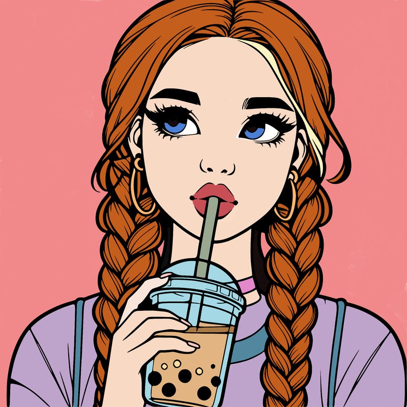 realistic girl with braided hair drinking boba