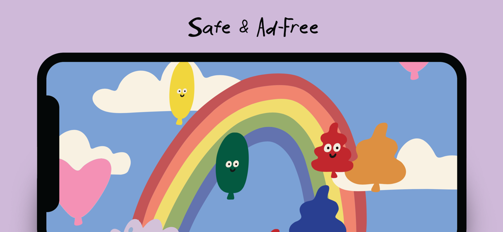 Potty Training App for Kids - Colorful cartoon rainbow and friendly characters on a mobile screen with Safe and Ad-Free text