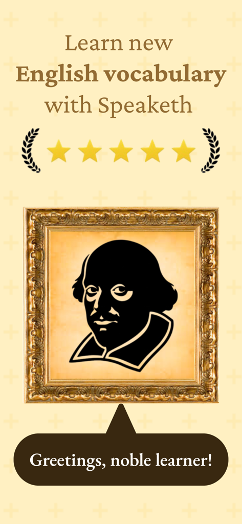 Speaketh: English vocabulary - Speaketh app welcome screen featuring a portrait of Shakespeare and a 5 star rating.