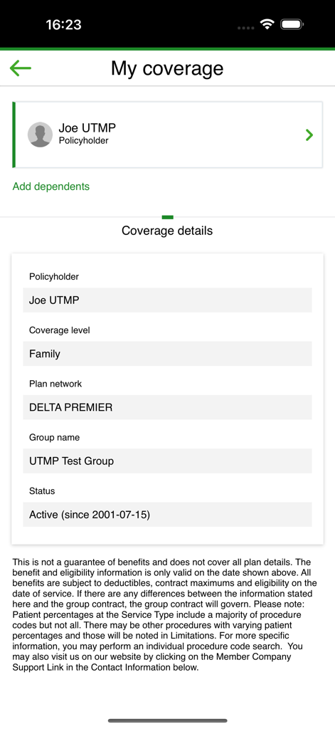 Delta Dental app screen displaying insurance coverage details including policyholder name plan network and active status