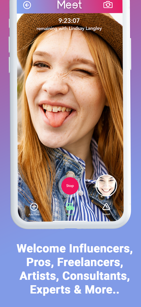 Meet - Una videollamada en vivo uno a uno en la aplicación Meet entre un experto y un usuario con controles de llamada y un temporizador de cuenta atrás.