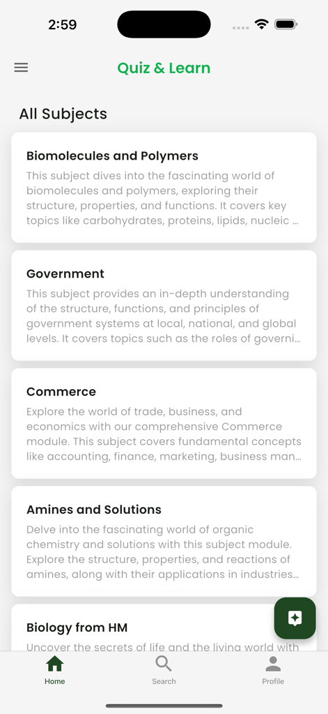 Quiz & Learn - Pantalla móvil de la aplicación Quiz and Learn que muestra materias académicas para la preparación de exámenes