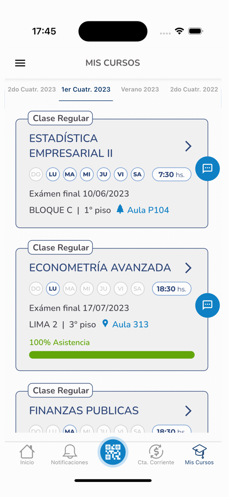 UADE Webcampus - Mobile screen of UADE Webcampus app showing a student's course list with class schedules and exam dates