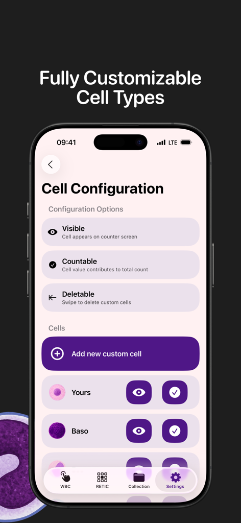 CliniCheck: WBC & Cell Counter - La pantalla de configuración de células en la aplicación CliniCheck permite a los usuarios agregar y personalizar tipos de células para el conteo médico.