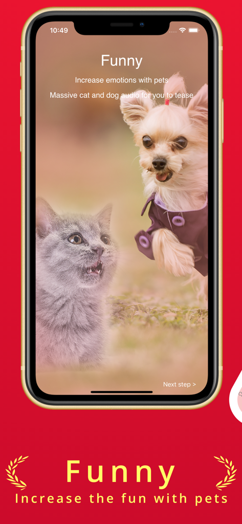 Dog&Cat  translator pet co - Mobile app interface showing a cat and a dog with a description of funny pet audio sounds.