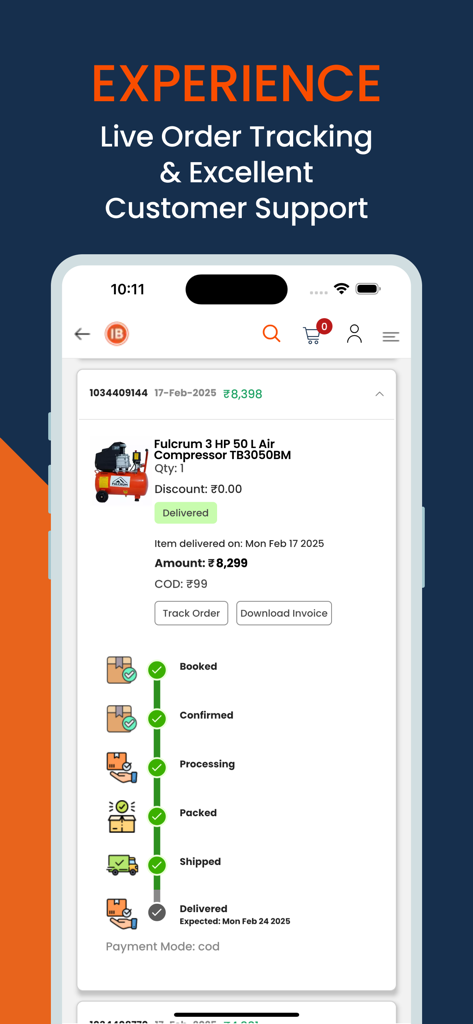 Industrybuying Online Shopping - Pantalla de la aplicación Industrybuying mostrando el estado detallado del pedido y seguimiento de equipos industriales.