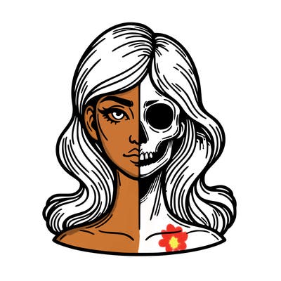 bust of a woman, half face and hair, half skull