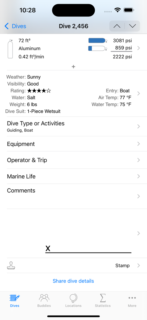 Dive Log - Detailed SCUBA dive log record showing tank pressure and environmental conditions in the Dive Log app.