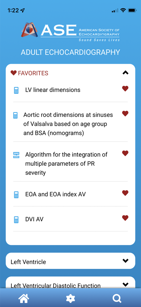 EchoGuide by ASE - EchoGuide app interface showing a list of favorite echocardiography calculators and clinical algorithms