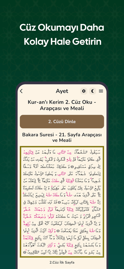 Ayet Online – Kur’an-ı Kerim - Captura de pantalla de la aplicación móvil Ayet Online que muestra la interfaz de lectura del Corán para el segundo juz en árabe