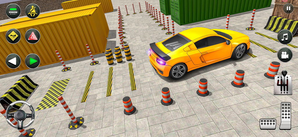 Car Parking Lot: Parking Games - Gameplay of a yellow sports car navigating through cones and containers in a parking simulator