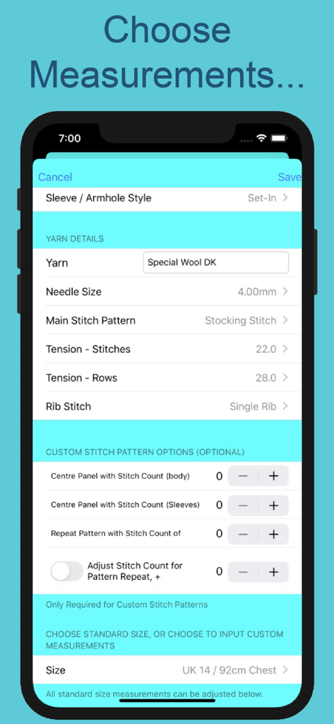 Mobile screen for choosing yarn details and garment measurements for custom knitting patterns.