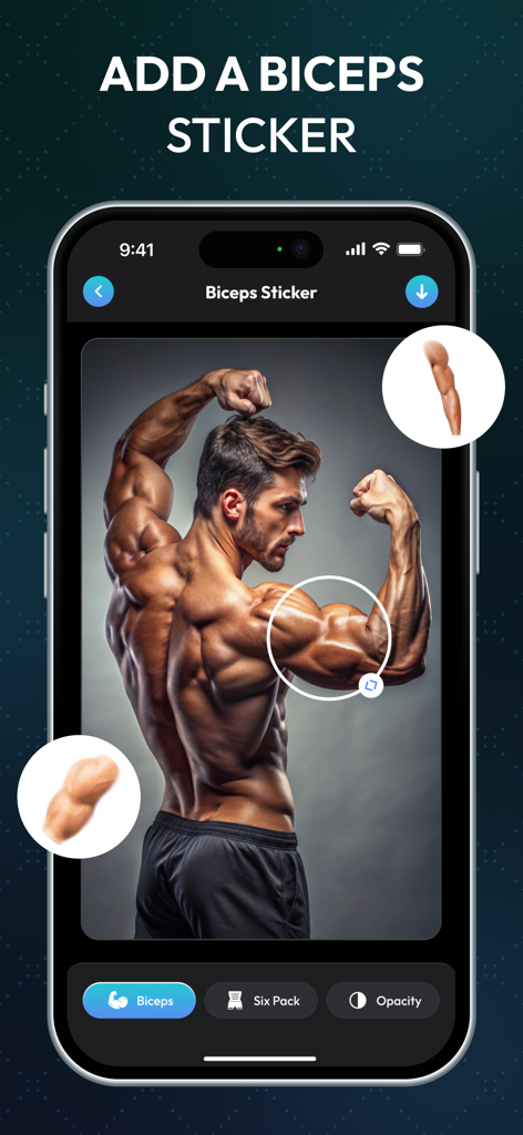 Smartphone-Bildschirm, der die Bizeps-Sticker-Bearbeitungsfunktion in der KI Sixpack Bauchmuskeln Fotoeditor-App zeigt.