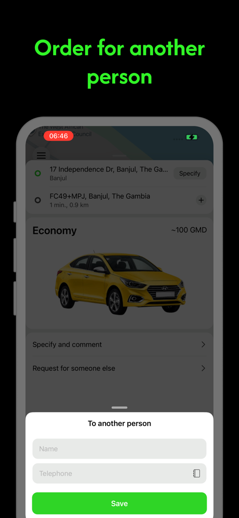 GamGlo - Interfaz de la aplicación GamGlo mostrando la opción de reservar un taxi para otra persona con campos para nombre y número de teléfono