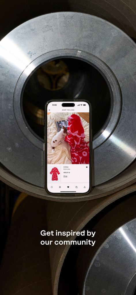 Marimekko | Fashion & Design - Marimekko app screen featuring community fashion inspiration and a red Unikko bathrobe.