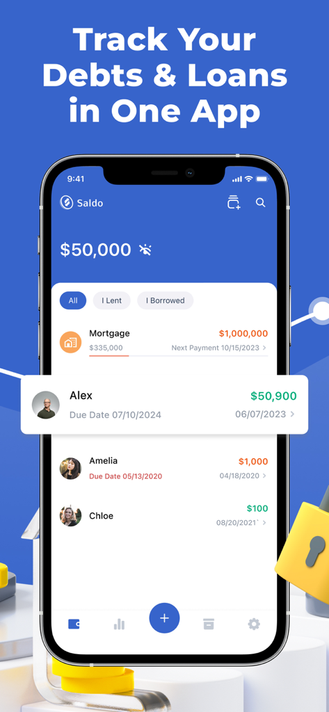 Smartphone screen displaying the Saldo app dashboard with a list of personal debts and mortgage tracking
