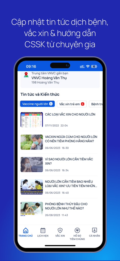 VNVC - VNVC app news feed featuring articles about adult vaccinations and healthcare tips.