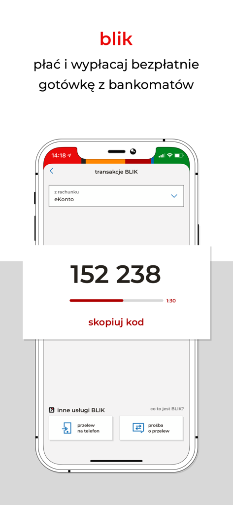 mBank PL - Twój bank i finanse - Smartphone screen displaying a BLIK code within the mBank PL banking application for secure payments and ATM withdrawals.