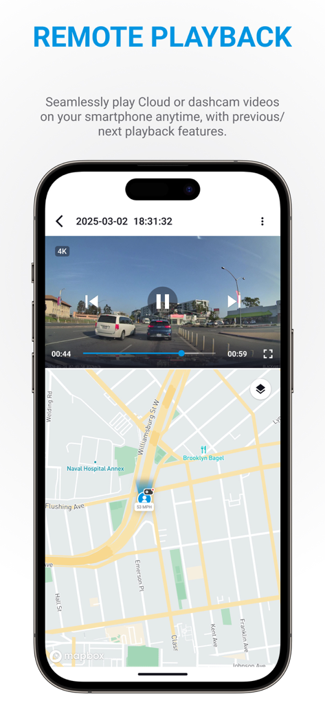 Ecrã da aplicação BlackVue a apresentar a reprodução de vídeo 4K da dashcam com mapa de rastreio GPS integrado