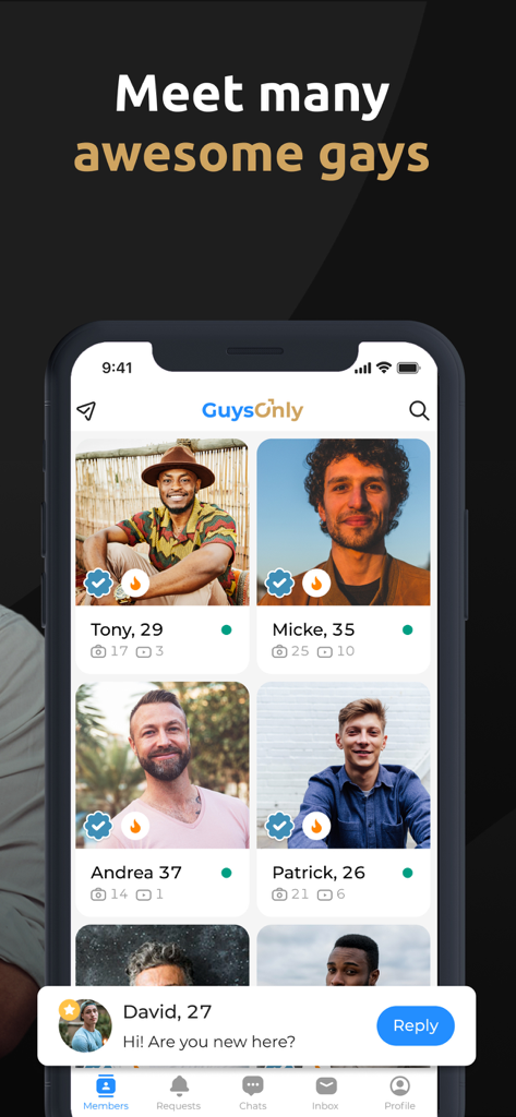 GuysOnly: Dating for Gay Guys - Interface of GuysOnly gay dating app showing a grid of male user profiles and a new message notification