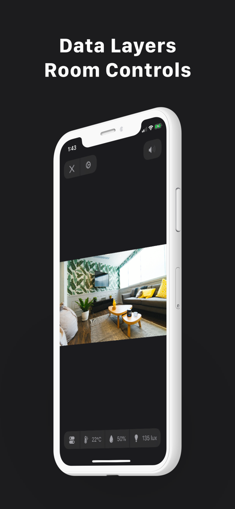 HomeCam for HomeKit app interface showing a live living room camera feed with data layers for temperature and humidity.