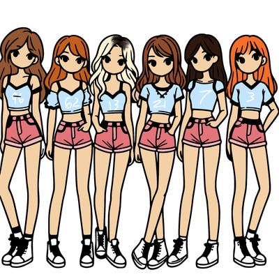 a group of girls wearing crop tops and shorts