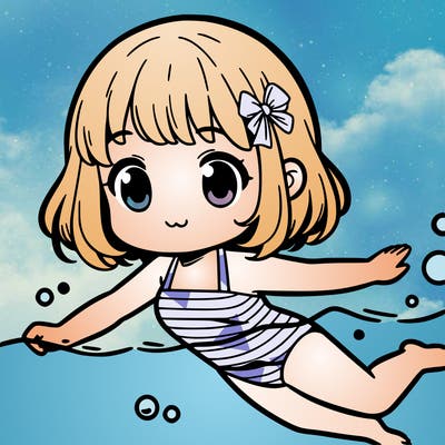 manga little girl swimming in simplistic bathing suit