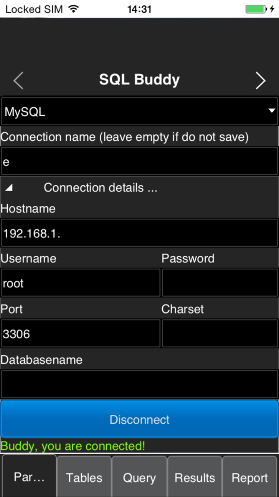 Pantalla de la aplicación móvil SQLBuddy mostrando la configuración de conexión a la base de datos MySQL y el estado de conexión exitosa