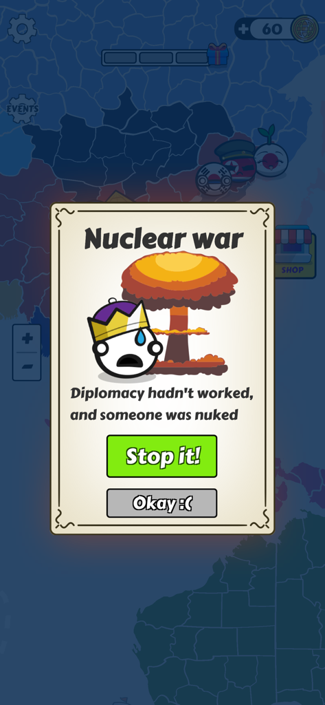 Un mensaje emergente en el juego Country Balls World War anunciando una guerra nuclear con una ilustración de hongo atómico