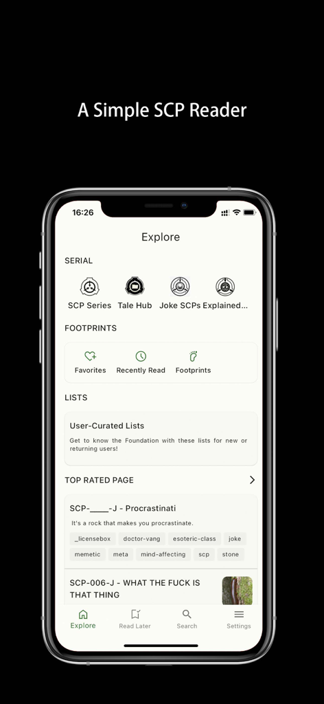 Only SCP - Interfaz de la aplicación Only SCP que muestra la pantalla de exploración con categorías para el Hub de Cuentos de la Serie SCP y favoritos del usuario.
