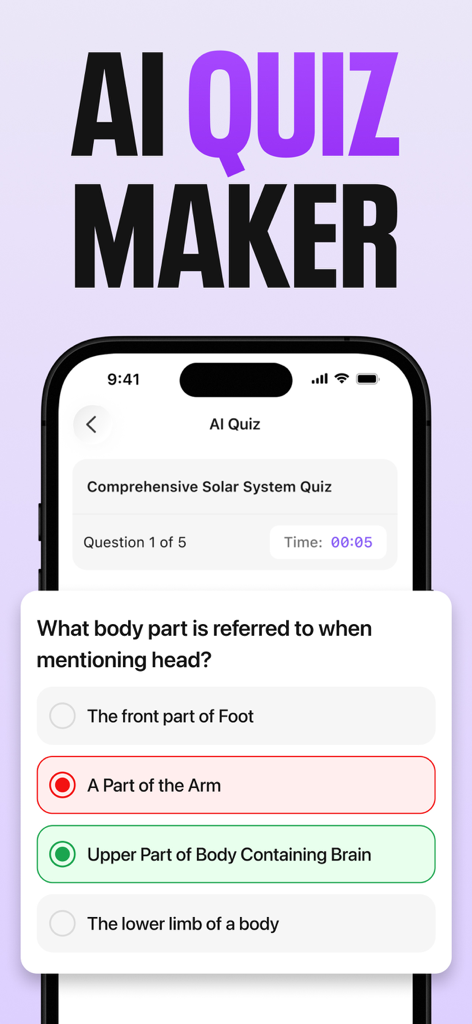 AI Quiz Maker : AI Flashcards - Mobile app interface of AI Quiz Maker showing a multiple choice question with correct and incorrect highlights