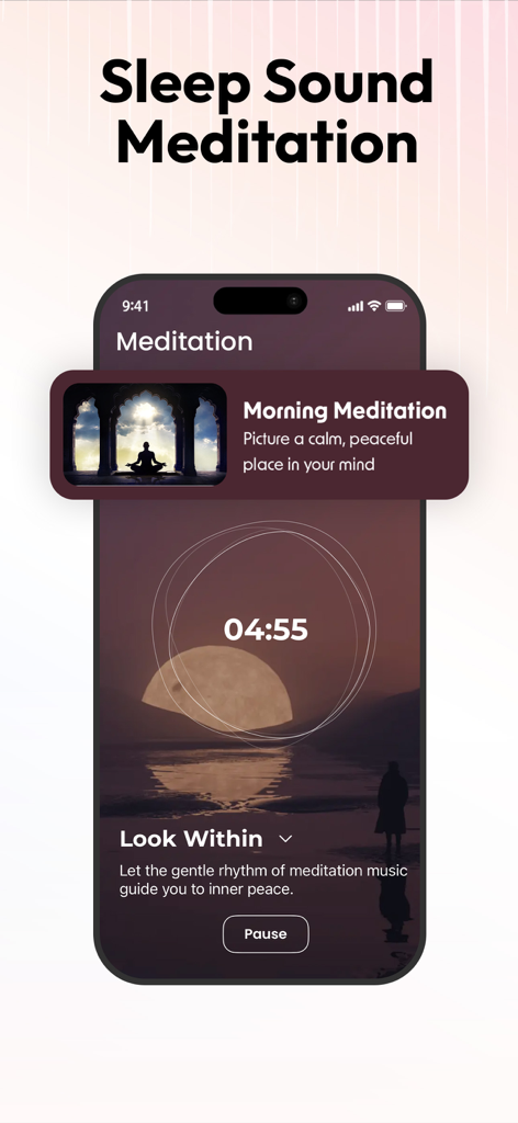 BP & Heart Rate Monitor - A mobile app screen featuring sleep sound meditation with a timer and peaceful background.