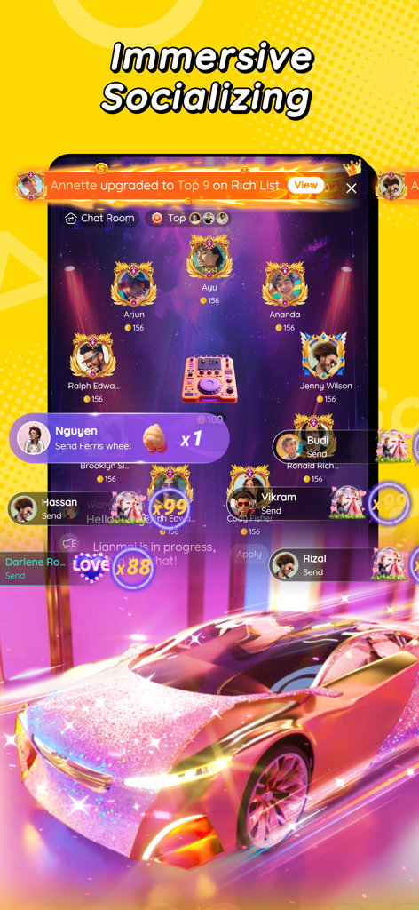 Saya - Games&Party&Chat - Saya app interface for immersive socializing featuring a voice party room and virtual gifting